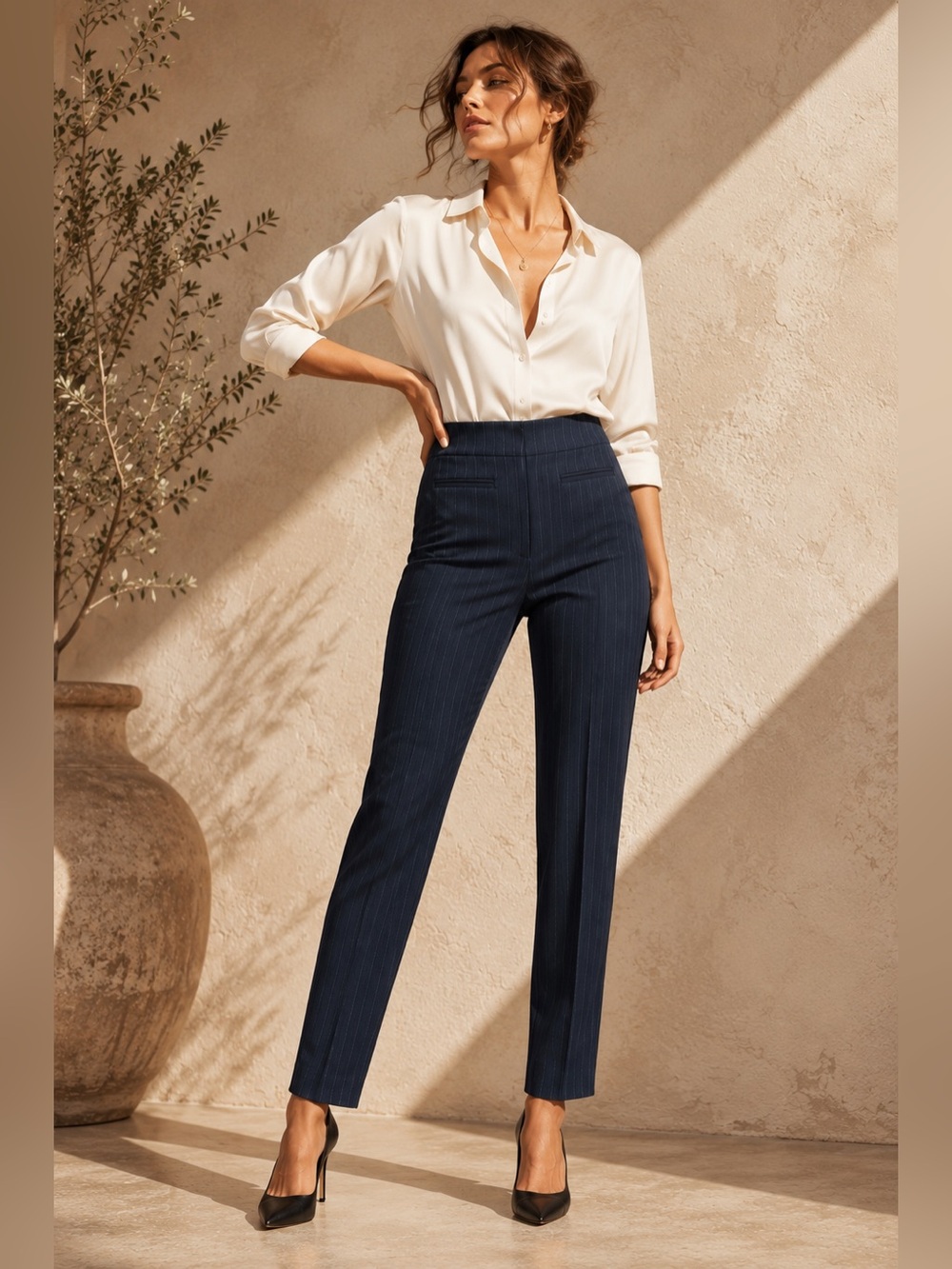 T Tahari Navy Blue Pinstripe Straight Leg Trouser Pants Size 4 NWT